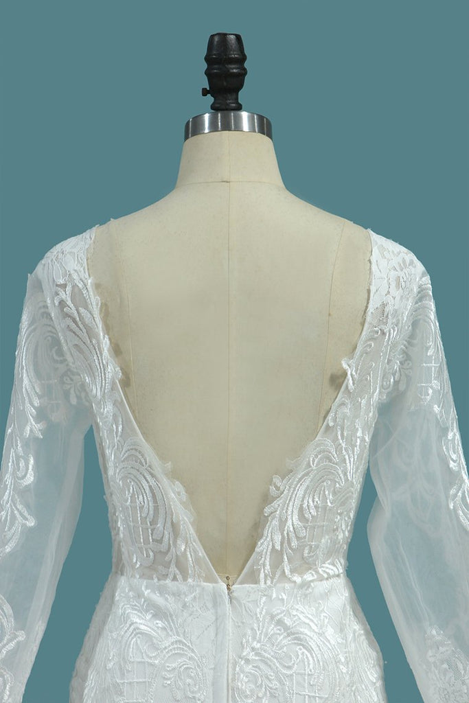 Tulle Mermaid Wedding Dresses Scoop Long Sleeves With Applique