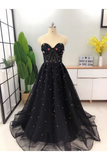 Elegant A Line Sweetheart Strapless Black Tulle Prom Dresses With SJSPT11F6GE