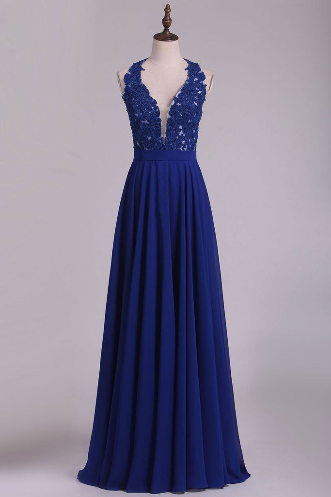 Chiffon V Neck A Line With Applique And Beads Prom Dresses Open Back
