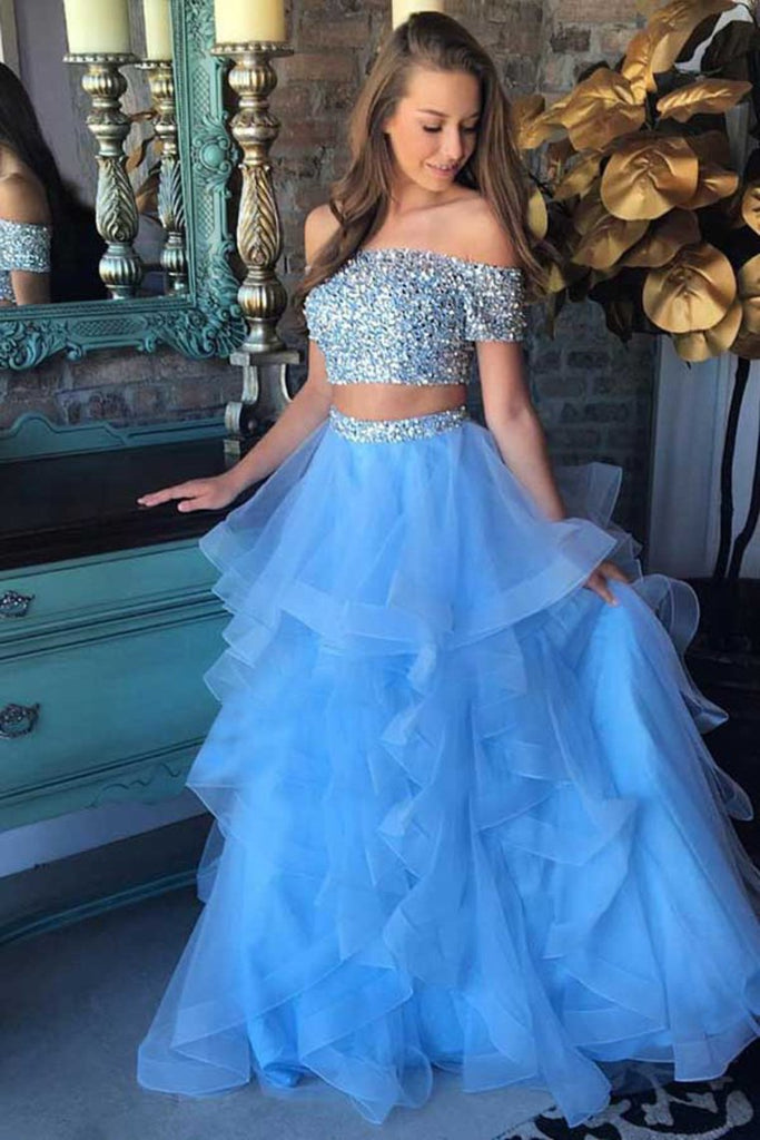 Sparkly Long 2 Pieces Off The Shoulder Light Blue Beading Prom Dresses