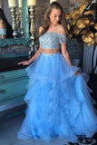 Sparkly Long 2 Pieces Off The Shoulder Light Blue Beading Prom Dresses