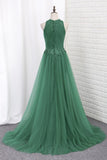Scoop Lace & Tulle Prom Dresses Mermaid With Applique Sweep Train