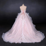 Ball Gown Strapless Sweetheart Wedding Dresses with Lace Applique, Tulle Prom Dresses SJS15070