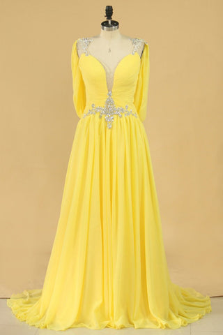 Prom Dresses A Line V Neck Chiffon With Applique And Beads