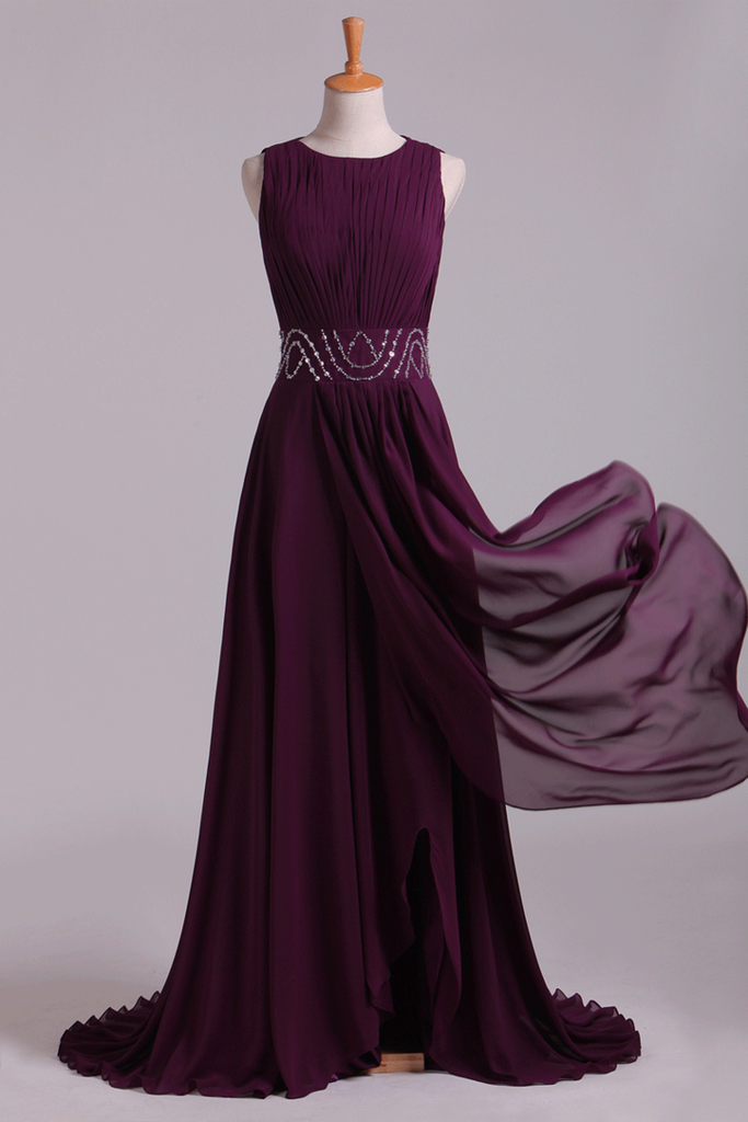 Prom Dresses A-Line Bateau Floor-Length Chiffon With Beads & Ruffles
