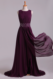 Prom Dresses A-Line Bateau Floor-Length Chiffon With Beads & Ruffles