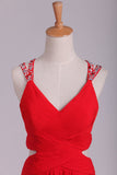 Red A Line Prom Dresses Spaghetti Straps Open Back With Ruffles And Beads Chiffon