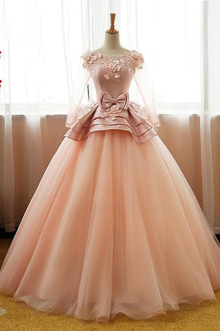 Vintage Pink Flower Long Sleeves Puffy Tulle Long Quinceanera Dress Prom Dresses UK JS428
