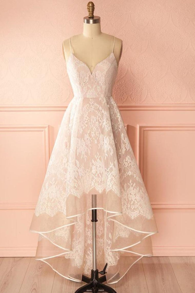 Spaghetti Straps Pink And Ivory Open Back Lace High Low Prom Dresses