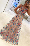 Gorgeous Long A-Line Scoop Neckline Embroidered Prom Dresses Evening Dresses