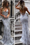 Sexy Backless Gray Sequin Lace Mermaid Long Evening Cheap Prom DressesProm Dresses