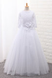 Tulle Scoop Flower Girl Dresses Ball Gown Mid-Length Sleeves With Sash