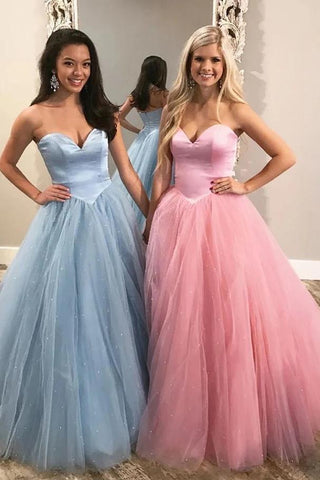 Unique Ball Gown Sweetheart Strapless Tulle Prom Dresses, Cheap Formal SJS20474