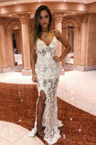 Elegant V Neck Off White Lace Appliques Mermaid Spaghetti Straps Long Prom Dresses SJS15214