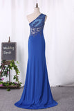 Mermaid One Shoulder Spandex Prom Dresses With Applique And Slit