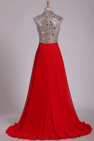 Prom Dresses V Neck A Line Beaded&Sequined With Slit Sweep Train Chiffon