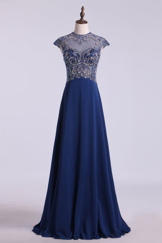 High Neck A-Line Prom Dresses Chiffon Embellished Tulle Bodice With Beads & Embroidery