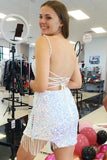 Cute White Sequins Spaghetti Straps Backless Short Homecoming Dresses