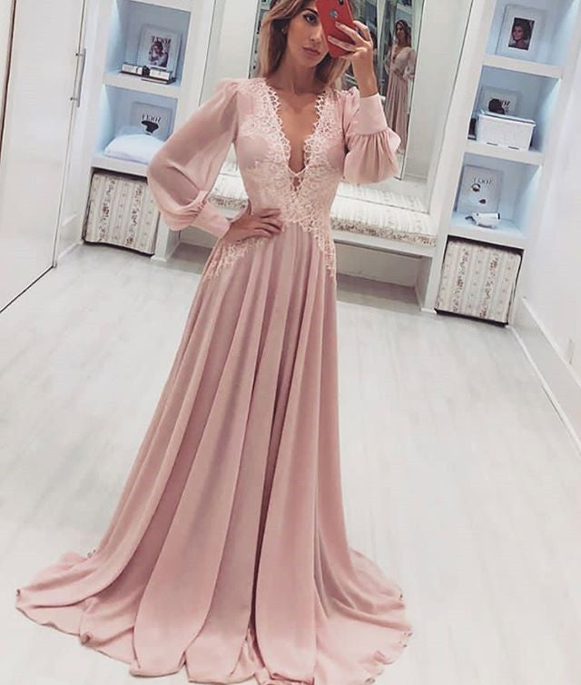Simple Deep V Neck Lace Prom Dresses with Long Sleeves Party Dresses