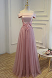Boat Neck Tulle With Applique Prom Dresses A Line Floor Length