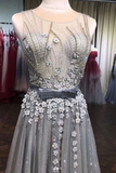 A Line Tulle Beads 3D Flowers Round Neck Long Prom Dresses With Belt
