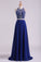 Bateau Two Pieces Prom Dresses Dark Royal Blue A Line Beaded Bodice Open Back Floor Length Chiffon & Tulle