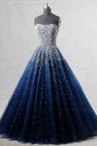 Best Ball Gown Strapless Floor Length Tulle Navy Blue Prom/Evening Dresses with Beading JS858