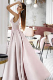 Vintage A Line Pink Satin Long Evening Dresses, Simple Dance Formal Dresses SJS15541