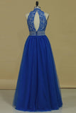 High Neck Open Back A Line With Beads Prom Dresses Tulle & Lace Floor Length