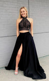 Modeatm Halter Navy Blue Long 2 Pieces Lace Prom Dresses For Teens