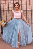 Two Piece Sky Blue Lace Thigh Split Off the Shoulder Prom Dresses with Rhinestone JS95
