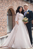 A-Line Lace 3/4 Sleeve Pockets Scoop Satin Button Floor-Length Wedding Dress JS412