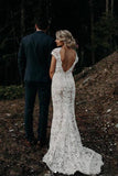 Charming Mermaid Lace Ivory Cap Sleeves Wedding Dresses, Bridal Dresses SJS15569