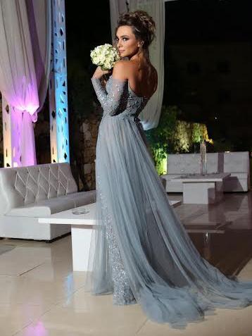 Charming Off the Shoulder Appliques Grey Long-Sleeves Evening Dress Elegant Prom Gowns JS79