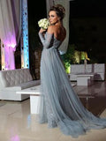 Long Sleeve Evening Dresses V Neck With Slit And Applique Sweep Train