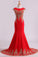 Red Prom Dresses Scoop Mermaid With Applique Spandex Sweep Train