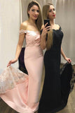 Mermaid Off the Shoulder Sweep Train Sweetheart Pink Prom Dresses with Appliques JS109