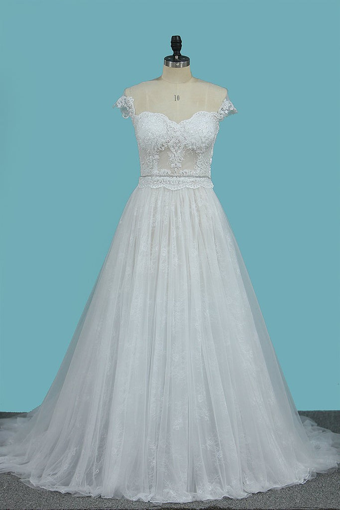 Wedding Dresses Off The Shoulder Tulle A Line With Applique Court Train