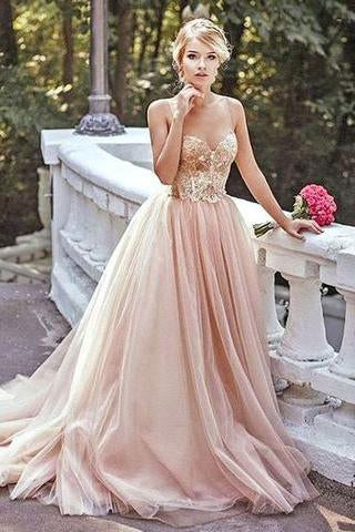 Modest Lace Blush Pink Spaghetti straps Tulle Beading Sweetheart Long Prom Dresses JS173