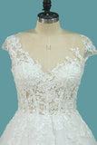 A Line Tulle Cap Sleeve Scoop Wedding Dresses With Applique Court Train