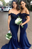 Stylish Halter Open Back Mermaid Navy Blue Bridesmaid Dress with Lace Beading
