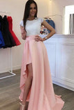 Scoop Sleeves Detachable Train Pearl Pink Satin Evening Dress with Lace Prom Dresses JS383