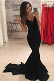 Mermaid V-Neck Criss-Cross Straps Spaghetti Straps Sweep Train Black Satin Prom Dresses JS384