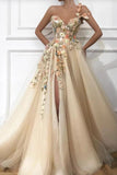 A Line One Shoulder V Neck 3D Flowers Prom Dresses, Tulle Sleeveless Evening Dresses SJS15009