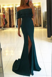 Elegant Off the Shoulder Royal Blue Mermaid Ruffle Sleeve Satin Long Prom Dresses SJS15190