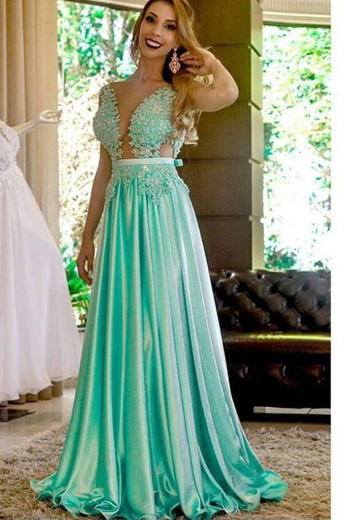 Buy A Line Scoop Prom Dresses Elastic Satin With Applique And Sash ...
