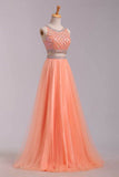 Two Pieces Bateau Beaded Bodice A Line/Princess Prom Dress Pick Up Tulle Skirt Floor Length
