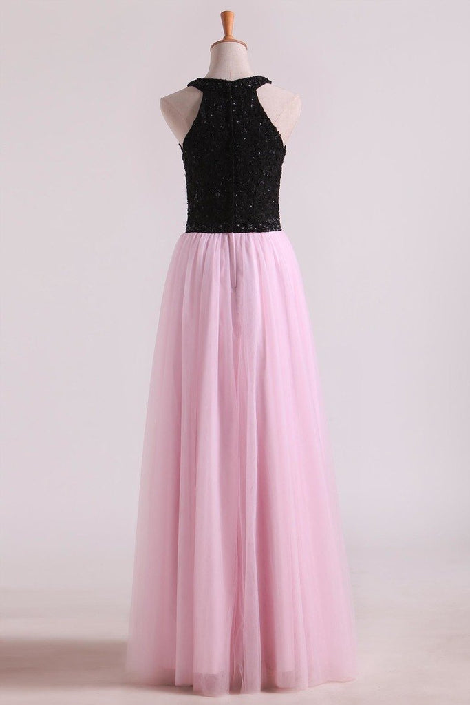 Bicolor Prom Dresses A-Line Scoop Floor-Length Tulle Black Bodice Zipper Back