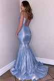 Glitter Spaghetti Straps V Neck Blue Mermaid V Neck Prom Dresses, Party SJS20419