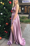 Simple Sleeveless Satin V Neck Prom Dresses with Split
